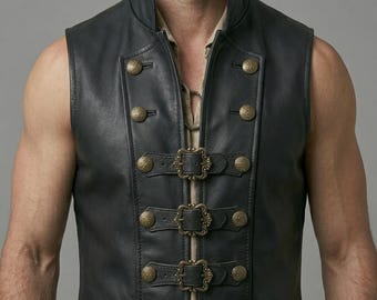 Men’s Black Leather Vest Buckle Front | Medieval Pirate Renaissance Leather Waistcoat Viking Gothic Leather Armor Vest Handmade Leather Vest