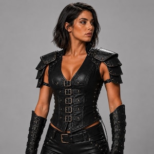 Korsett aus echtem Leder für Damen - Schwarzes Leder-Kostüm - Mittelalterliches Krieger-Outfit - Gothic-Leder-Mieder - Cosplay