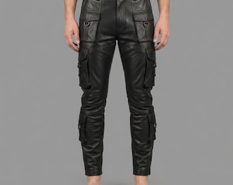 Men’s Black Leather Pants Genuine Leather Slim Fit Trousers Biker Leather Pants Tactical Pocket Leather Pants  Leather Cargo Pants