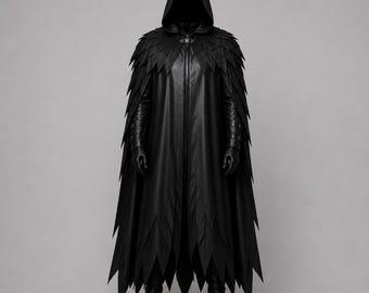 Black Hooded Raven Cloak Costume, Gothic Grim Reaper Cosplay Robe, Dark Fantasy Hooded Cape, Halloween Costume, Custom Made