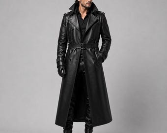 Men’s Black Genuine Leather Trench Coat, Long Leather Overcoat, Double Breasted Biker Jacket, Belted Gothic Coat