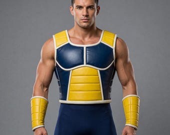 Men’s Handmade Leather Anime Armor Vest – Saiyan Battle Suit, Cosplay Leather Chest Armor, Dragon Ball Inspired Costume, Warrior Outfit
