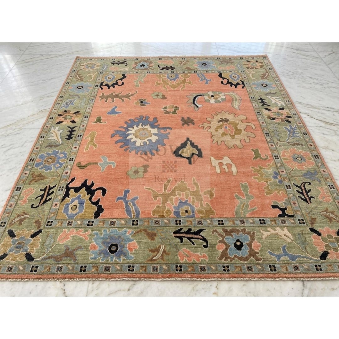 Peach Oushak Rug 8x10 NZ Wool Hand Knotted Persimmon Floral Anatolian ...