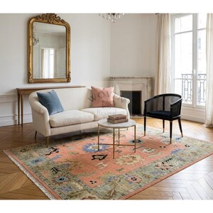 9x12 Coral Oushak Rug Hand Knotted NZ Wool Salmon Anatolian Heritage Sage Border Designer Trade Floor Carpet