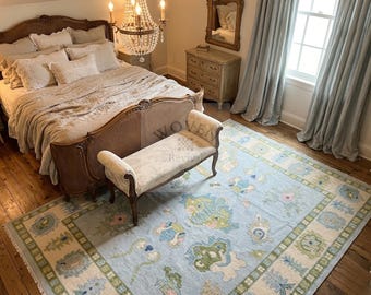 Soft Blue Sage Green Oushak Rug 8x10 Hand Knotted NZ Wool Turkish Area Rug