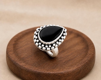 Pear Shape Black Onyx Ring, 925 Sterling Silver Indian Band Jewelry