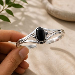 Oval Black Onyx Bangle, 925 Sterling Silver, Adjustable Handmade Bracelet