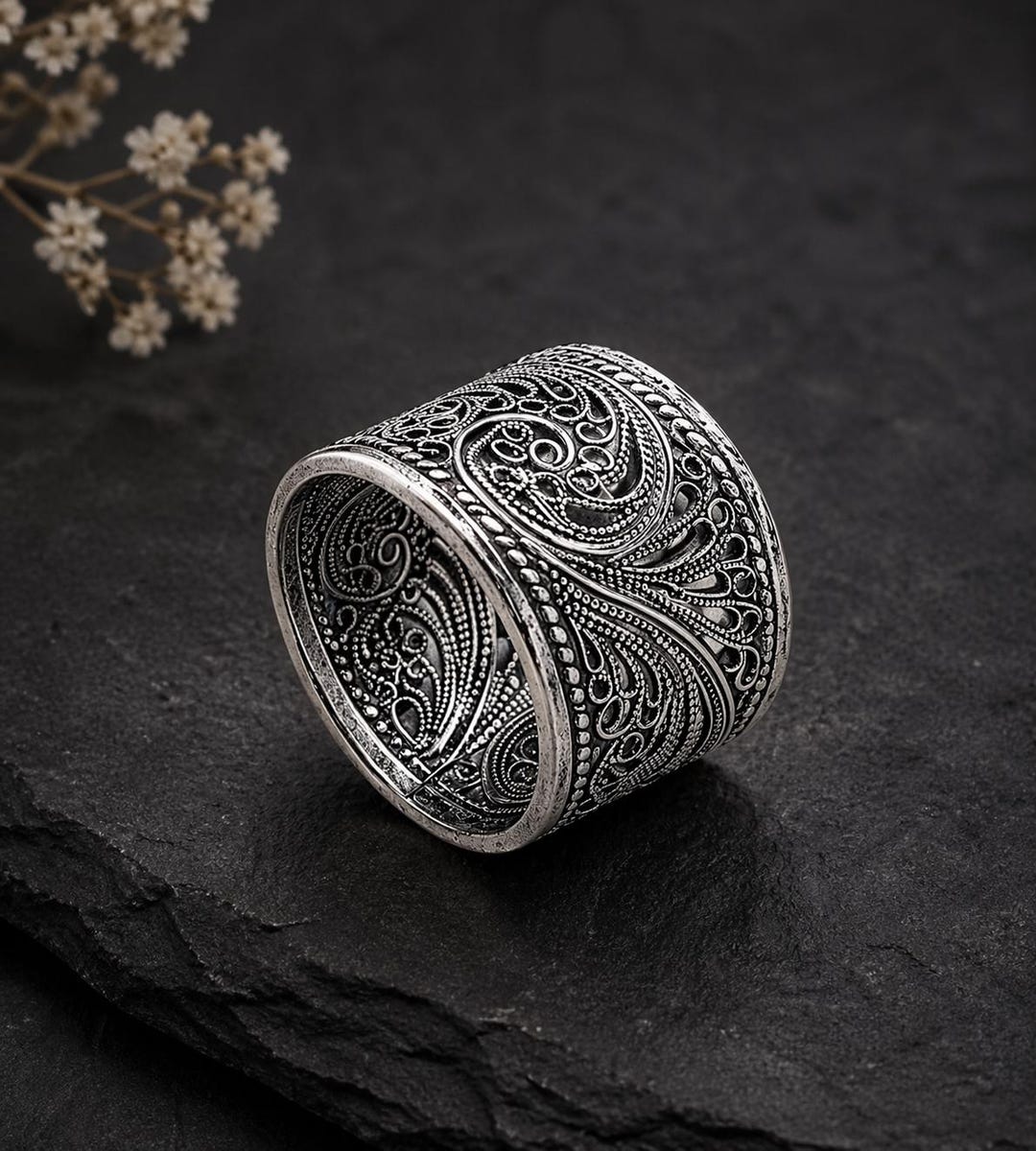 Sterling Silver Filigree Wide Band Ring – Vintage Boho Statement ...