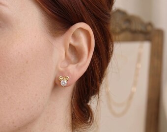 Gold Color Bow Stud Crystal Accent Earrings, Everyday Gift Jewelry, Elegant Gift for Women