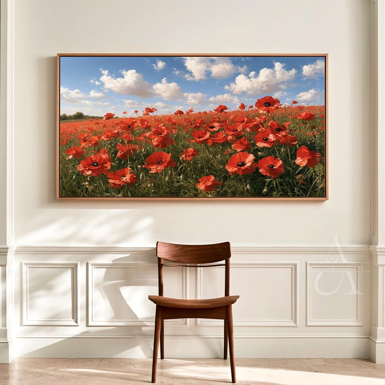 Wide Poppy Field Wall Art | Red Wildflower Painting | Floral Meadow ...