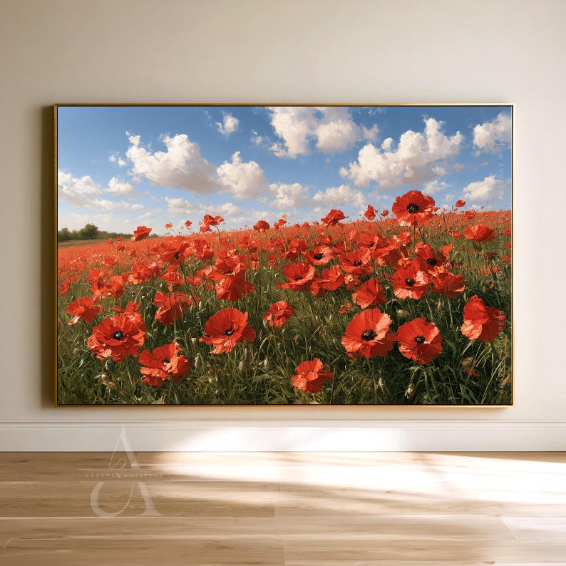 Wide Poppy Field Wall Art | Red Wildflower Painting | Floral Meadow ...