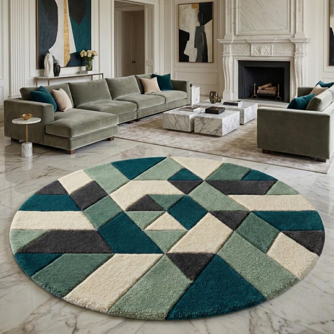 Geometric Rugs Triangles Round Geometric Rug | Triangle Pattern Circle Rug | Mid Century Modern ...
