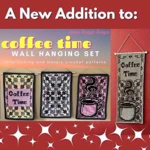 May include: A set of three crocheted wall hangings with the words "Coffee Time" in a pixelated font. The hangings are in black, white, and pink with a coffee cup design. The hangings are on a red background with white stars.