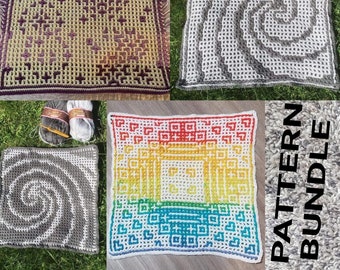 Oversized Afghan Squares BUNDLE (heart levels, swirl left and right, sparkle). Interlocking and Mosaic Crochet Patterns and Charts