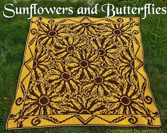Crochet Pattern: Sunflowers & Butterflies - Interlocking (Locked Filet Mesh / LFM) and Overlay Mosaic; written instructions and charts