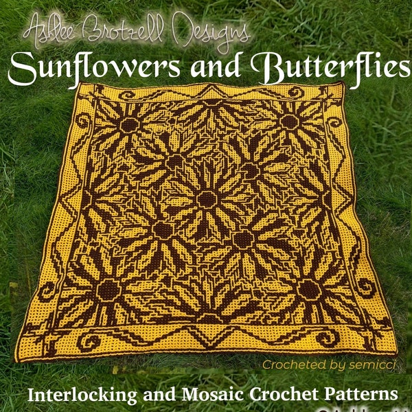 Crochet Pattern: Sunflowers & Butterflies - Interlocking (Locked Filet Mesh / LFM) and Overlay Mosaic; written instructions and charts