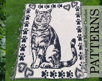 Comfort Cat, Crochet Blanket Pattern: Interlocking (Locked Filet Mesh / LFM) or Overlay Mosaic Crochet; written instructions and charts