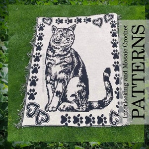Comfort Cat, Crochet Blanket Pattern: Interlocking (Locked Filet Mesh / LFM) or Overlay Mosaic Crochet; written instructions and charts