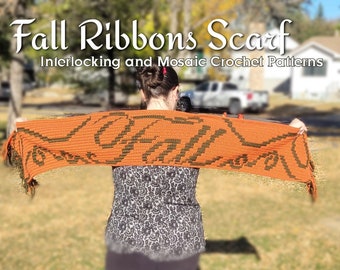 Fall Ribbons Scarf - Interlocking (Locked Filet Mesh) and Overlay Mosaic Crochet Patterns