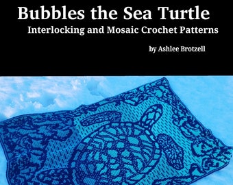 Bubbles the Sea Turtle Crochet Pattern in 3 colorwork options: interlocking, overlay mosaic & solid overlay mosaic. Written pattern + charts