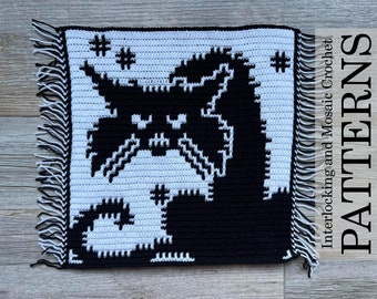 May include: Black and white crochet square with a cat silhouette and fringe border. The text "Interlocking and Mosaic Crochet PATTERNS" is visible in the background.