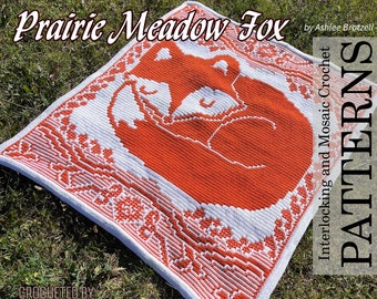 Prairie Meadow Fox. Crochet Blanket Pattern - Interlocking (Locked Filet Mesh / LFM) and Overlay Mosaic; written instructions and charts