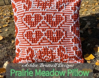 Modèle au crochet : coussin Prairie Meadow - emboîtement (filet verrouillé / LFM) et superposition de mosaïque ; Instructions écrites et graphiques