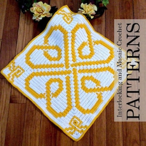 March Knot Crochet Pattern & Charts from 2023: A Year of Celtic Knots. Large Square. Interlocking, Center-out and Bottom-Up Overlay Mosaic.