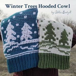 May include: Two crocheted hooded cowls with winter tree designs. One is teal with white trees, the other is off-white with green trees. The text "Winter Trees Hooded Cowl" and the designer's name are visible.