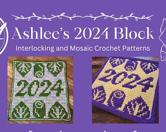 Ashlee's 2024 Block: Crochet Pattern & Charts for Interlocking Crochet and Overlay Mosaic Crochet. Large square for pillows, blankets, etc.