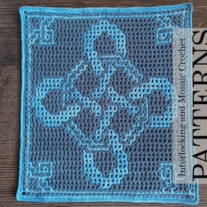 April Knot Crochet Pattern & Charts from 2023: A Year of Celtic Knots. Large Square. Interlocking, Center-out and Bottom-Up Overlay Mosaic.