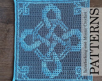 April Knot Crochet Pattern & Charts from 2023: A Year of Celtic Knots. Large Square. Interlocking, Center-out and Bottom-Up Overlay Mosaic.