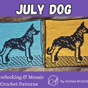 July Dog (German Shepherd) - Crochet Patterns & Charts from "2024: A Year of Dogs". Large Squares. Interlocking and Overlay Mosaic Crochet.