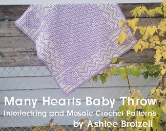 Many Hearts Baby Throw - Interlocking and Mosaic Crochet Patterns and Charts - Finished size 38" square