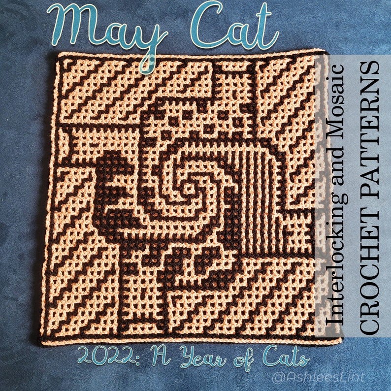May Cat from 2022: A Year of Cats eBook of Interlocking Locked Filet Mesh / LFM and Overlay Mosaic Crochet Patterns and Charts 画像 1