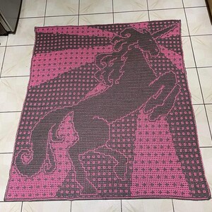Common Unicorn Throw Blanket Pattern: Locked Filet Mesh Interlocking and Overlay Mosaic Crochet image 3