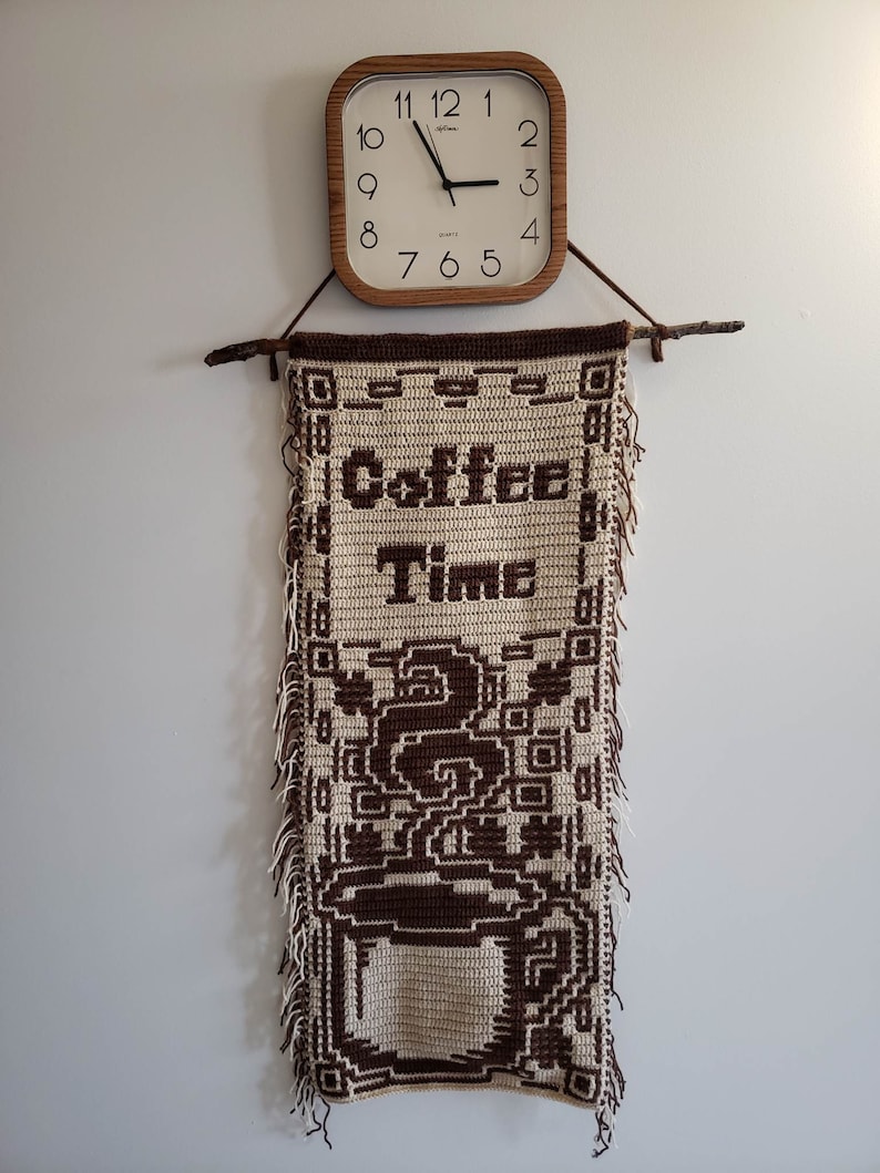 Coffee Time Mug Wall Hanging, Interlocking Locked Filet Mesh / LFM and Overlay Mosaic Crochet Patterns written instructions and chart image 2