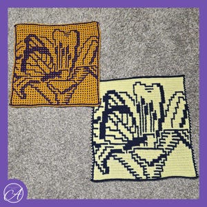 May include: Two square crochet cloths featuring a dark purple floral pattern. One cloth has a mustard yellow background, while the other has a pale yellow background. Both items are crafted with a grid-like stitch pattern, creating a distinct graphic design.