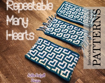 Repeatable Many Hearts Crochet Patterns & Charts for Interlocking (Locked Filet Mesh) and Overlay Mosaic Crochet