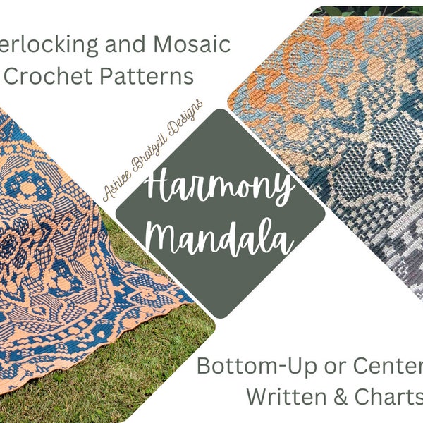 Harmony Mandala - Center-Out or Bottom-Up for Interlocking or Overlay Mosaic Crochet; written patterns and charts