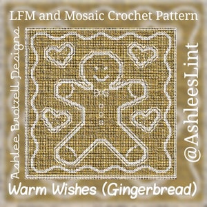 Puede incluir: Un patrón de crochet para un hombre de jengibre con corazones a su alrededor. El patrón se llama "Warm Wishes (Gingerbread)" y es de Ashlee Brotzell Designs.