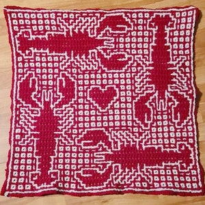 Crochet Pattern: Four Lobsters - Interlocking (Locked Filet Mesh / LFM) and Overlay Mosaic; written instructions and charts