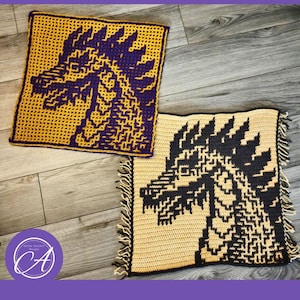 February Dragon. Crochet patterns & charts for large square in 2025: A Year of Dragons series. Interlocking and overlay mosaic crochet.