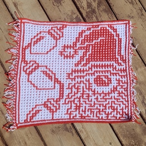 May include: Square, handmade crochet piece with a red and white design. The design features a detailed pattern of a stylized animal or creature. The edges are finished with a red border and fringe.