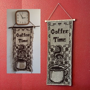Coffee Time Mug Wall Hanging, Interlocking Locked Filet Mesh / LFM and Overlay Mosaic Crochet Patterns written instructions and chart image 1