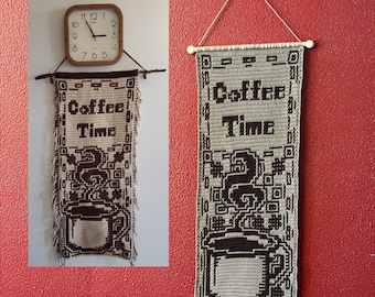 Coffee Time Mug Wall Hanging, Interlocking (Locked Filet Mesh / LFM) and Overlay Mosaic Crochet Patterns; written instructions and chart