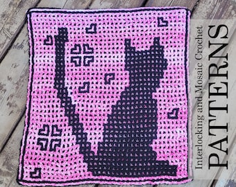 September Cat from "2022: A Year of Cats" eBook of Interlocking (Locked Filet Mesh / LFM) and Overlay Mosaic Crochet Patterns and Charts