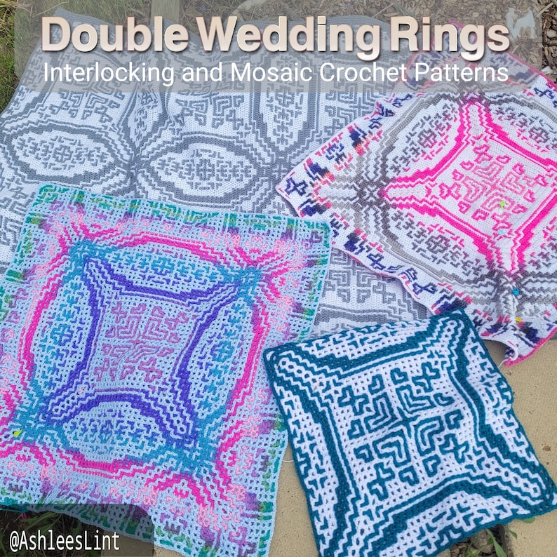 Double Wedding Rings: large square to blanket size. Interlocking & Overlay Mosaic Crochet Patterns. Center-out update too image 2