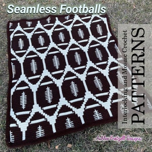 Seamless Footballs. Repeatable Interlocking Locked Filet Mesh / LFM and Overlay Mosaic Crochet Patterns written instructions and charts image 1