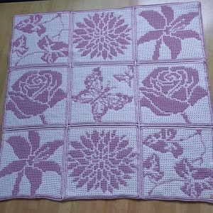 Crochet Patterns for 2020 Mother's Day CAL - 5 oversized afghan squares: carnation, rose, leaves, lily, butterfly. Interlocking & Mosaic